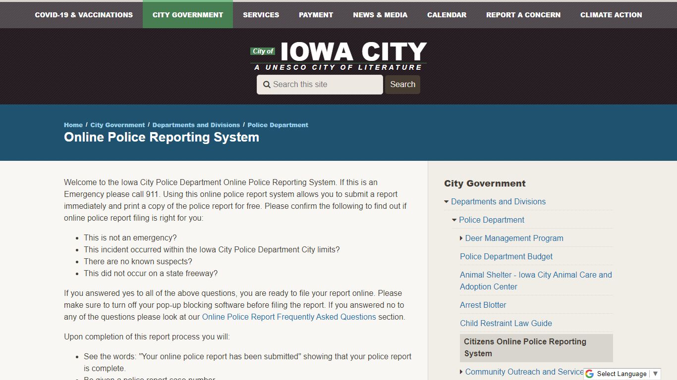 Online Police Reporting System | City of Iowa City